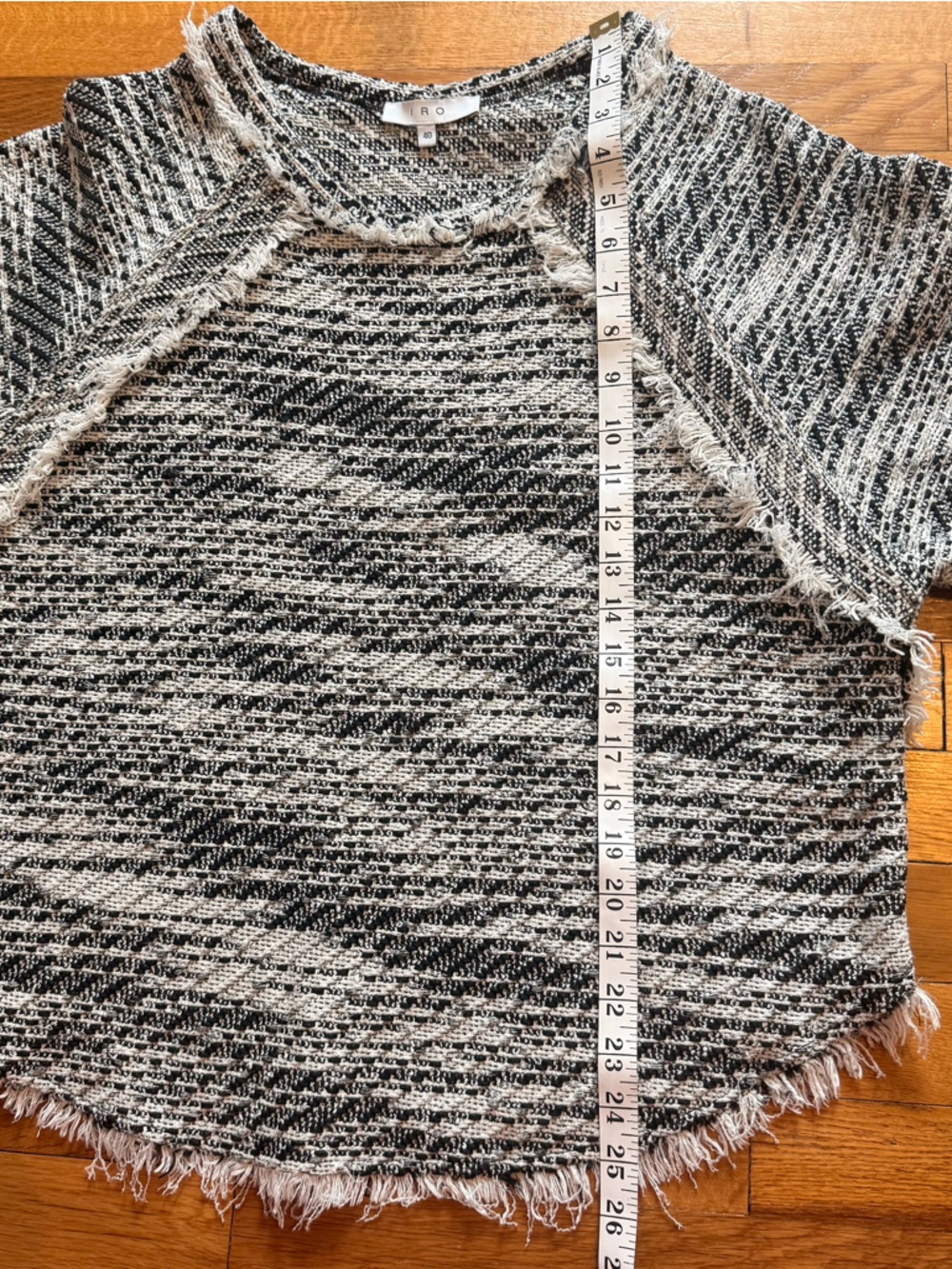 IRO LICIA Frayed Tweed Knit Top 3/4 Sleeve Fringe Sweater Cotton Blend Gray 40 - Picture 7 of 7
